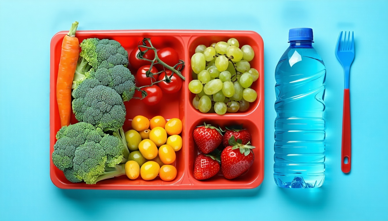 A balanced meal with fresh fruits, vegetables, and a hydration bottle to emphasize the importance of proper diet and hydration before an abortion.