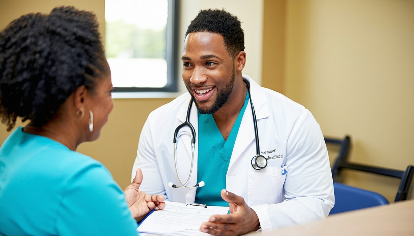 A comforting, professional healthcare provider discussing options with a patient in a supportive environment.
