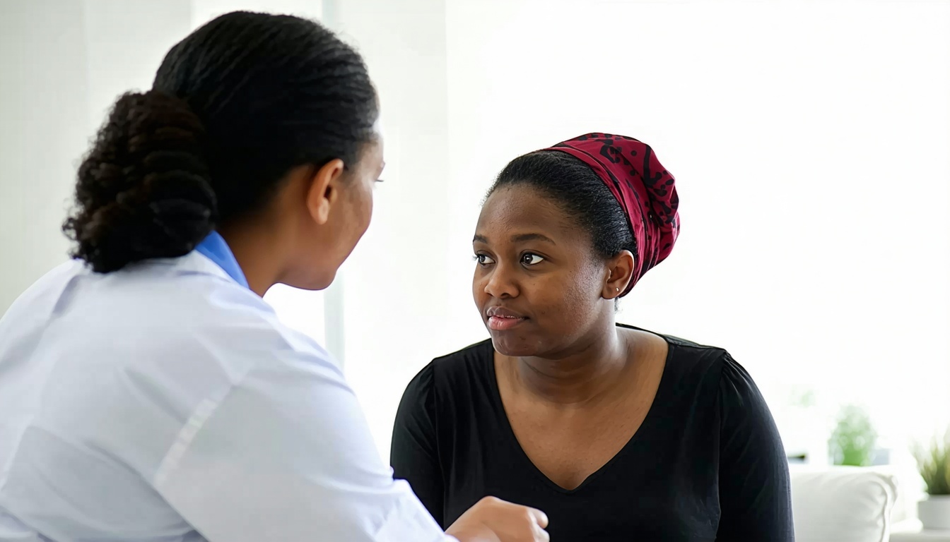 A healthcare professional consulting with a patient, representing the sensitive and complex nature of second trimester abortion in South Africa.